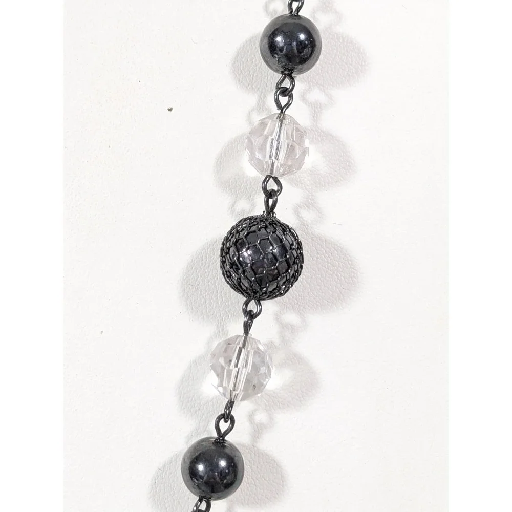 Gunmetal Black & Clear Beaded Necklace Faceted Acrylic Long‎ Layering 30 in